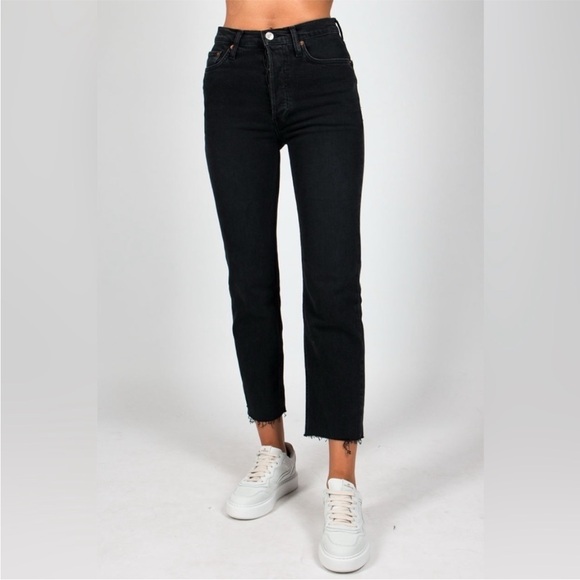 Re/Done Denim - RE/DONE Black High Waisted Ankle Crop Raw Hem Button Fly Jeans Size 27